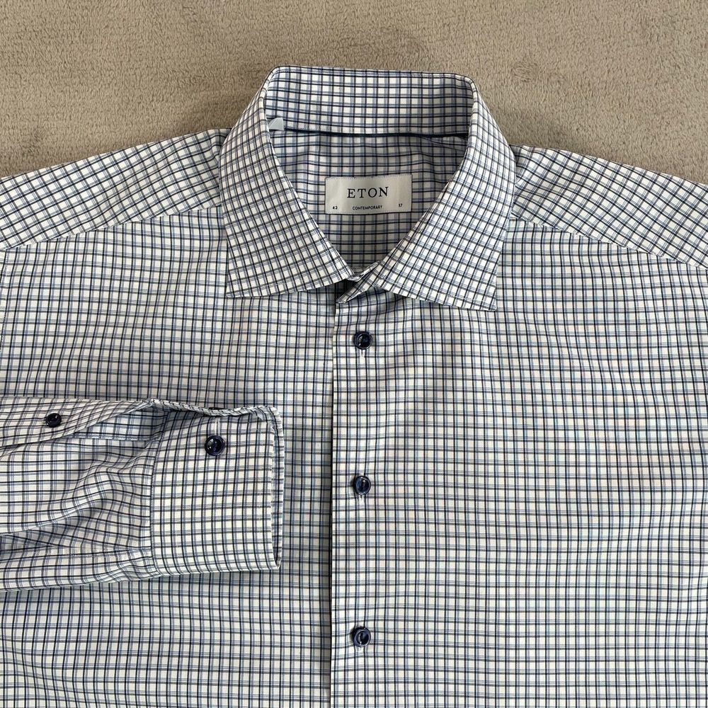 ETON Contemporary Dress Shirt men 43 17 Blue Black Check Long Sleeve Designer